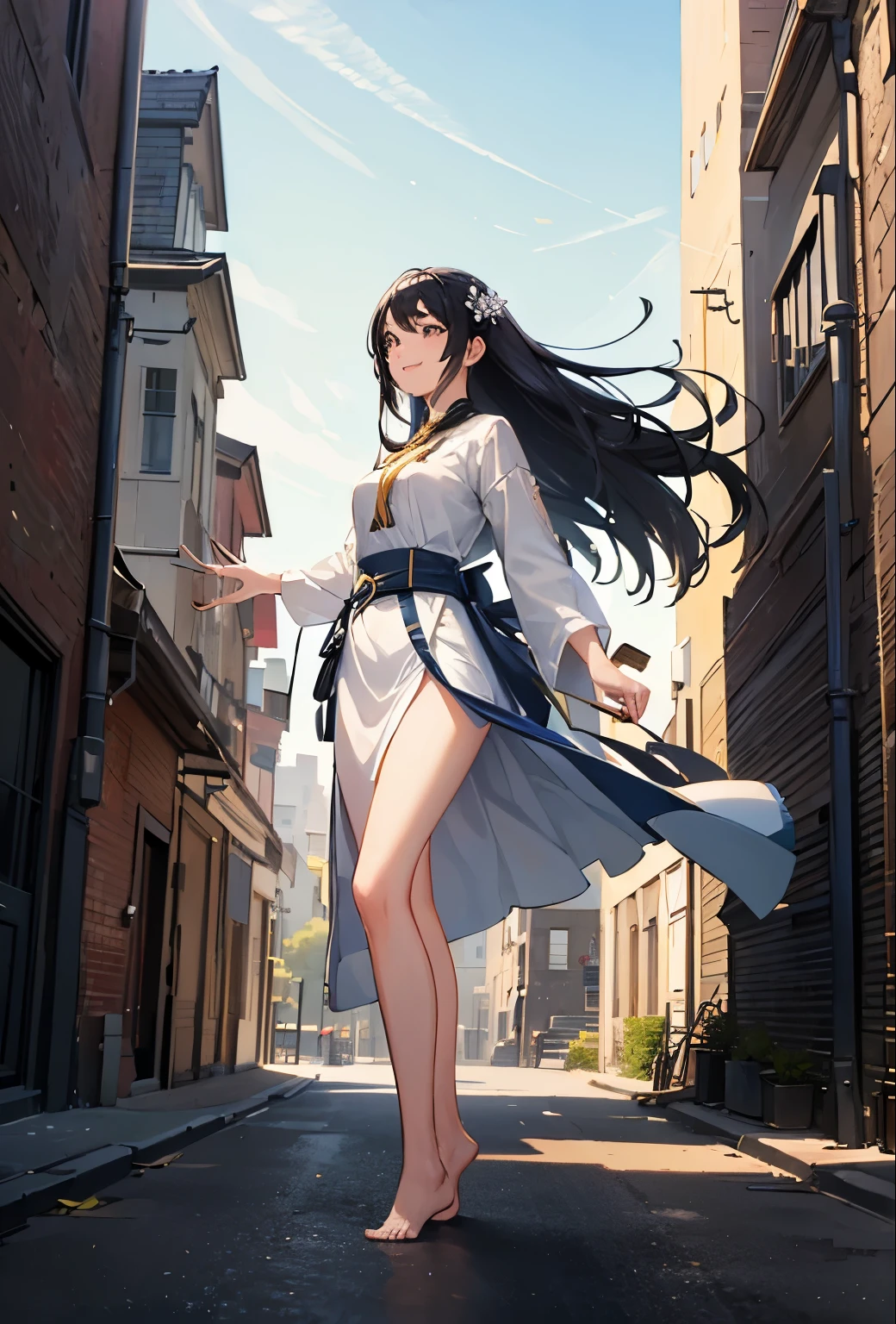 ((masterpiece)), (((best quality))), ((ultra-detailed)), 1 girl, solo, barefoot, standing, building, smile, floating hair, dutch angle, closed mouth, looking away, outdoors
A captivating masterpiece in the highest definition, 4K and beyond, offers a breathtakingly ultra-detailed image of a young girl standing alone. Barefoot and carefree, she embraces the outdoors with a gentle smile playing on her lips. The building behind her, a testament to architectural beauty, stands tall against the bright, open sky. Her long, floating hair cascades around her, creating an ethereal aura. The scene is captured