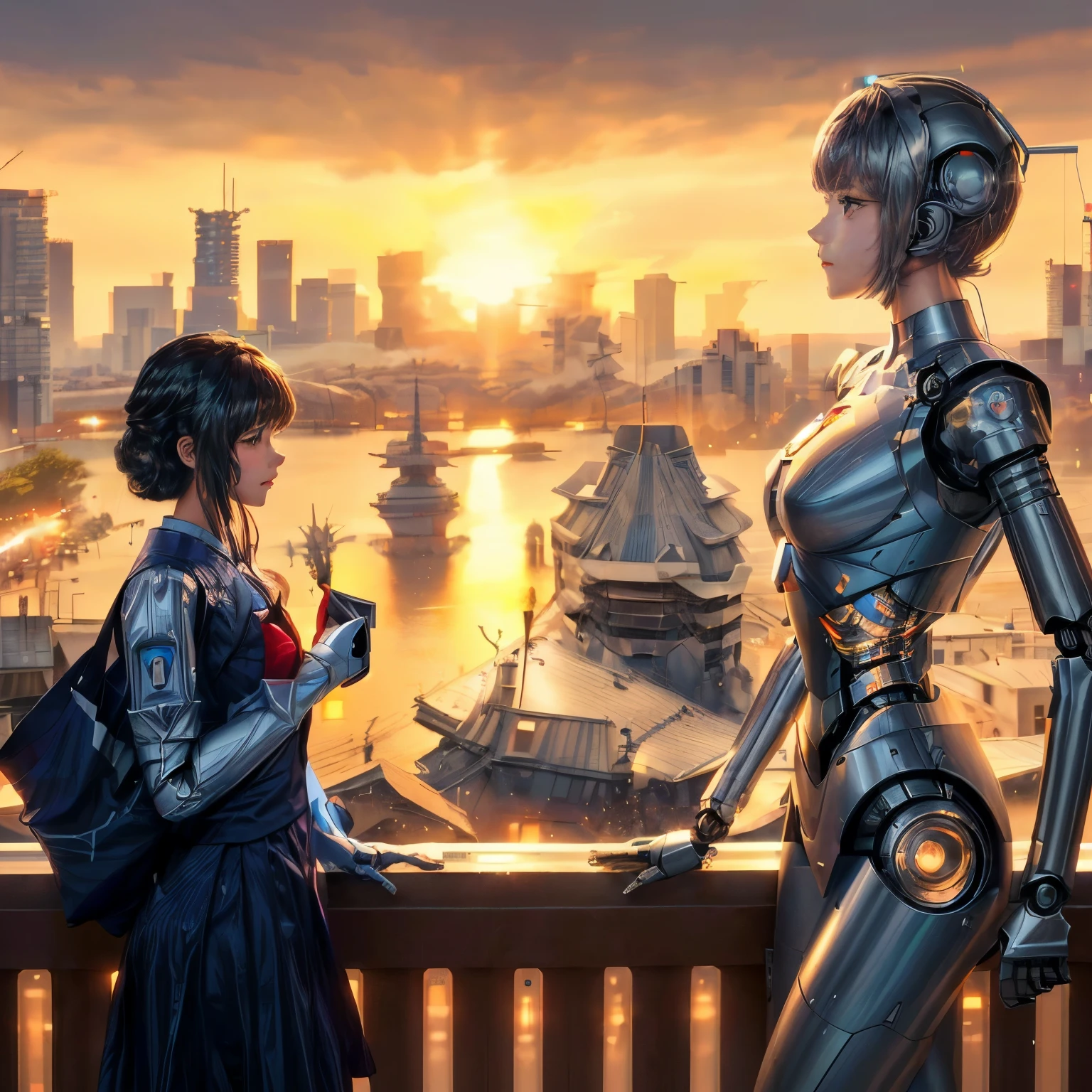 anime girl looking at a robot on a balcony with a city in the background, The robot is the captain of the ship, Meet the robot, Woman and robot, robot girl, artificial intelligence princess, A mix of anime robots and organic matter, Robot Sensation, robot, 2050, cyborg - girl, 2 years 0 4 0, completely robot!! girl