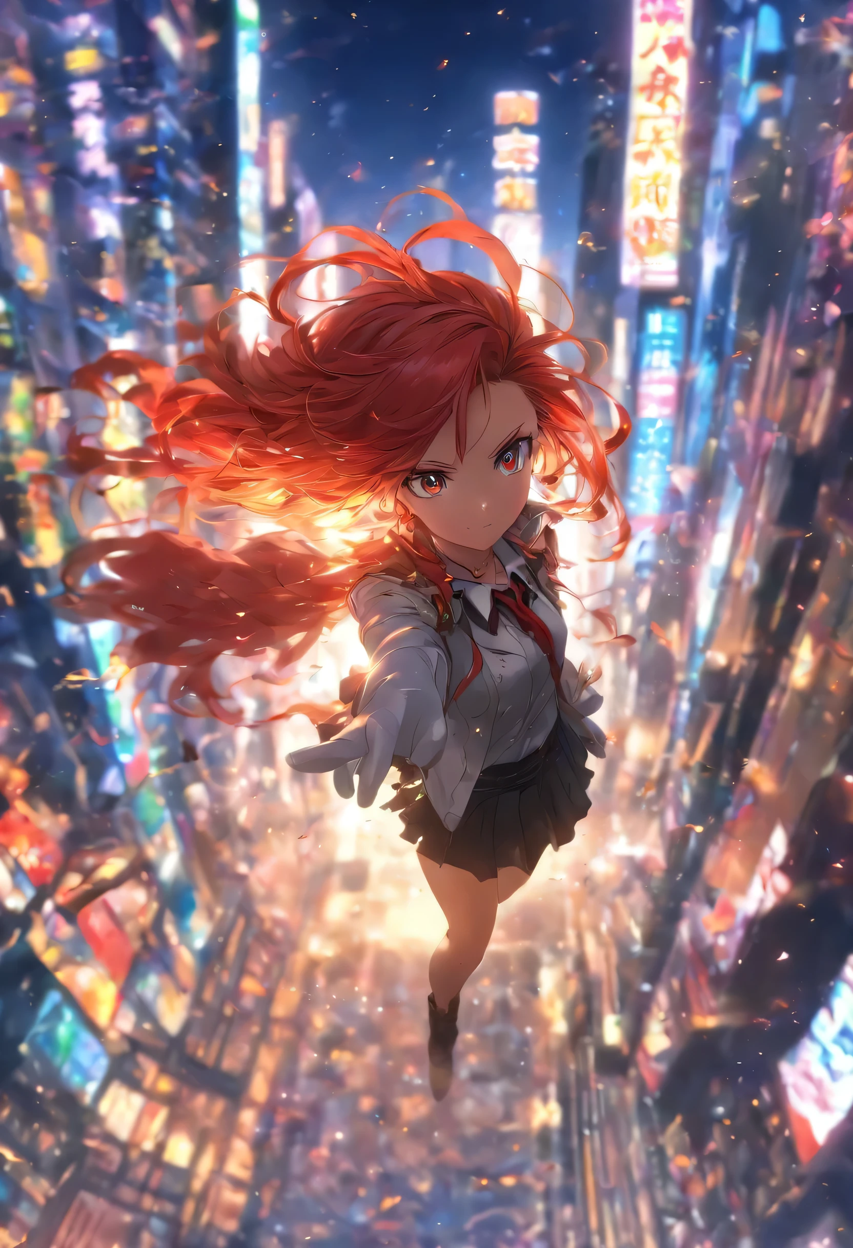 ((masterpiece,best quality)),8k wallpaper,1girl, long hair, red hair, solo, dress, red eyes, looking at viewer, long sleeves, standing, building, white dress, gloves, hair ornament, black jacket, smile, floating hair, dutch angle, closed mouth, looking away, outdoors