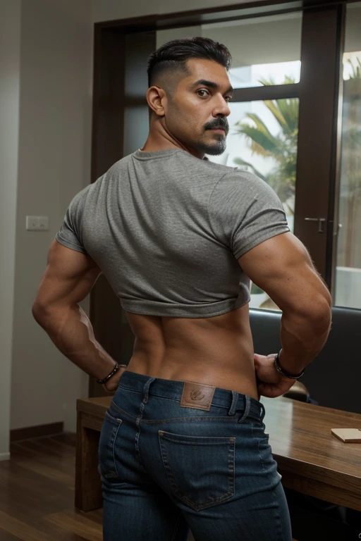 Obra maestra, mejor calidad, ultra detallado, 1 hombre, macho maduro, muscular, pedazo, bara, deportista, rubio, piel bronceada, latino, 28 years old, bigote corto, cabello demasiado cortado, mirando al espectador, serious expression, camiseta gris, cuerpo completo, science fiction background, jeans backside 