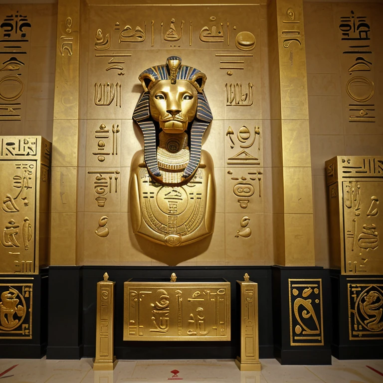 Wall with Egyptian writing and King Tutakamon with a golden lion sculpture next to it