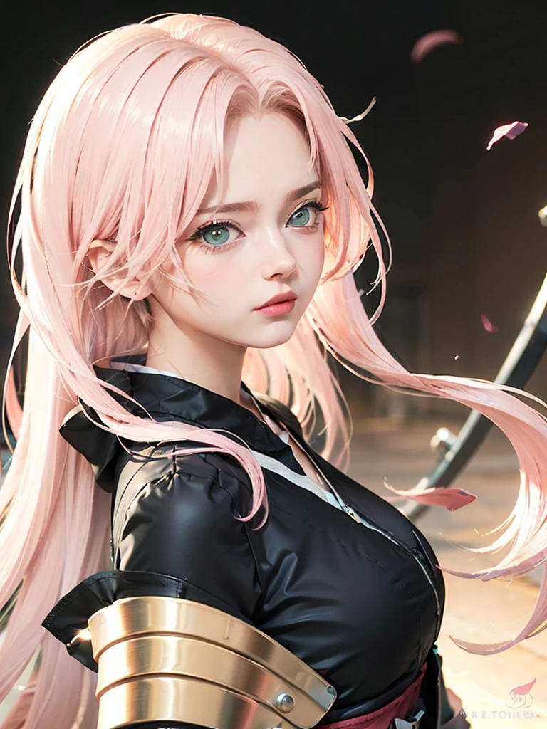young woman, short shoulder-length pink hair, wide forehead, porcelain skin, pink eyebrows, big emerald green eyes, buttoned nose, full lips, heart-shaped face, slender body, small breasts, red tank top, Sakura Haruno , realistic, realism, details, 3d, well detailed

