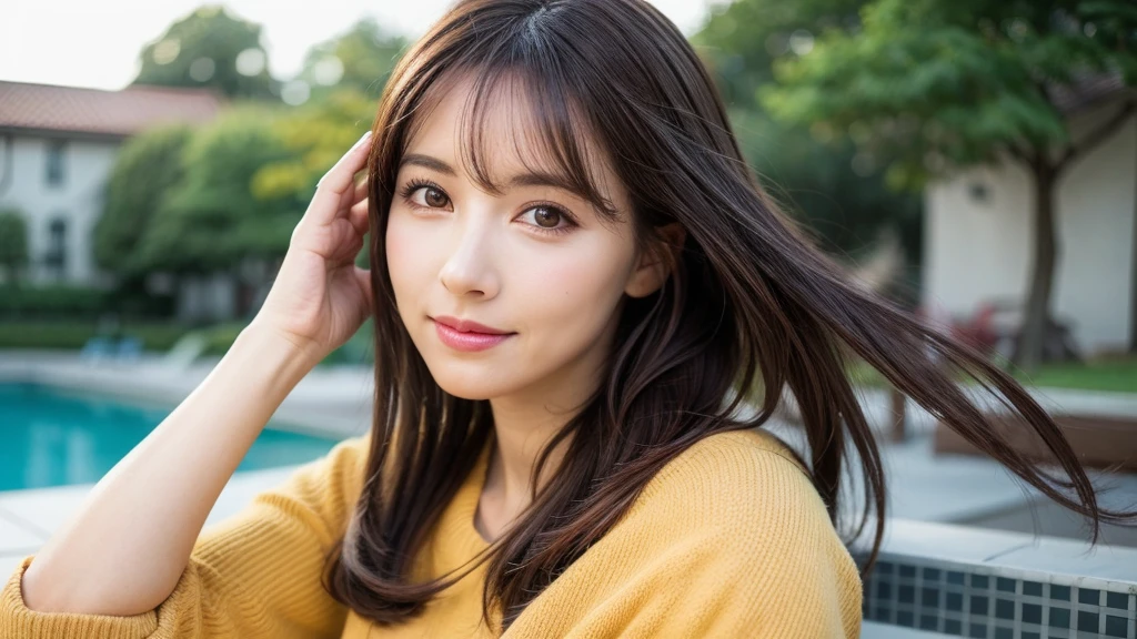 Face to face with the children_v1, highest quality, Realistic, 8k, High resolution, One Girl, woman, Nice, Dynamic pose, Poolside Background, Medium size round breasted, sweater, Straight-looking clock, Seeing the viewer, Medium length hair, Black Hair,