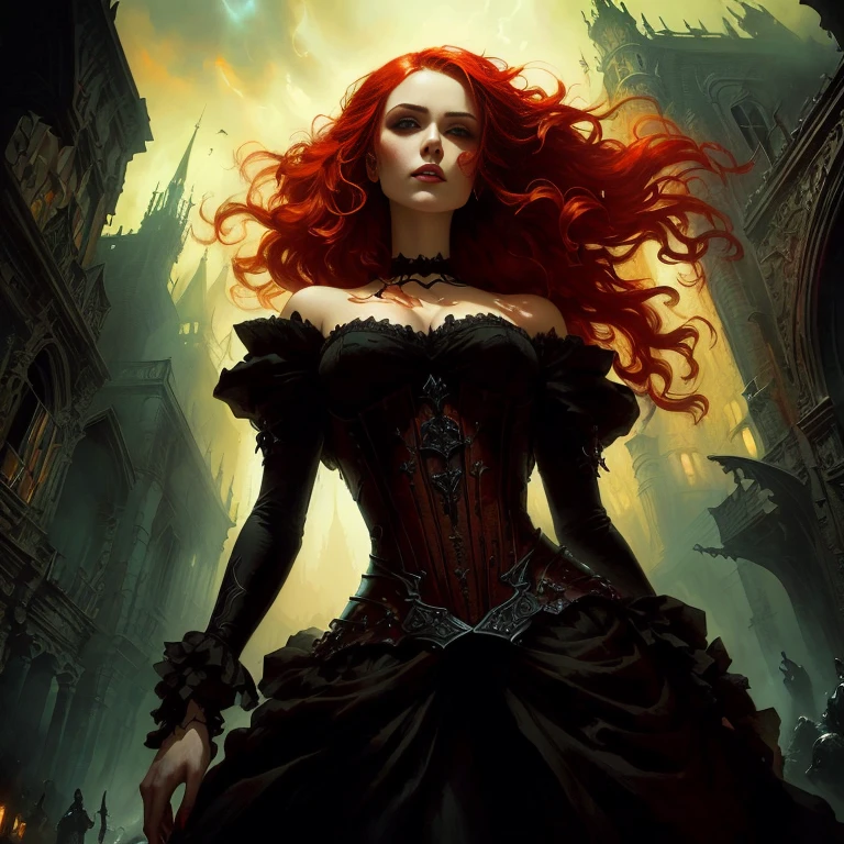 Close-up of a woman with red hair in a dress, gothic fantasy art, Dark fantasy art, Dark Fantasy Art, in style of Dark Fantasy Art, dark fantasy horror art, Karol Bak Oud, fantasy victorian art, Stylized urban fantasy art, Raymond Swanland's style, fantasy horror art, Dark Fantasy Artwork, Gothic art, Dramatic fantasy art