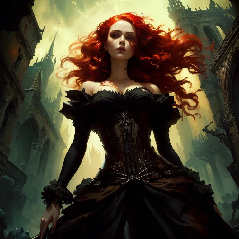 Close-up of a woman with red hair in a dress, gothic fantasy art, Dark fantasy art, Dark Fantasy Art, in style of Dark Fantasy Art, dark fantasy horror art, Karol Bak Oud, fantasy victorian art, Stylized urban fantasy art, Raymond Swanland&#39;s style, fantasy horror art, Dark Fantasy Artwork, Gothic art, Dramatic fantasy art