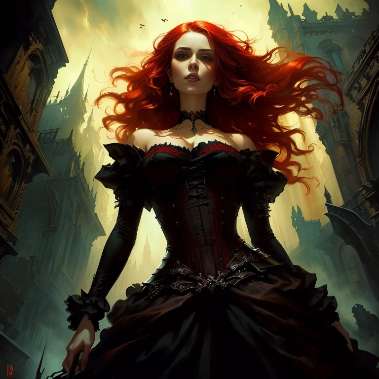 Close-up of a woman with red hair in a dress, gothic fantasy art, Dark fantasy art, Dark Fantasy Art, in style of Dark Fantasy Art, dark fantasy horror art, Karol Bak Oud, fantasy victorian art, Stylized urban fantasy art, Raymond Swanland's style, fantasy horror art, Dark Fantasy Artwork, Gothic art, Dramatic fantasy art