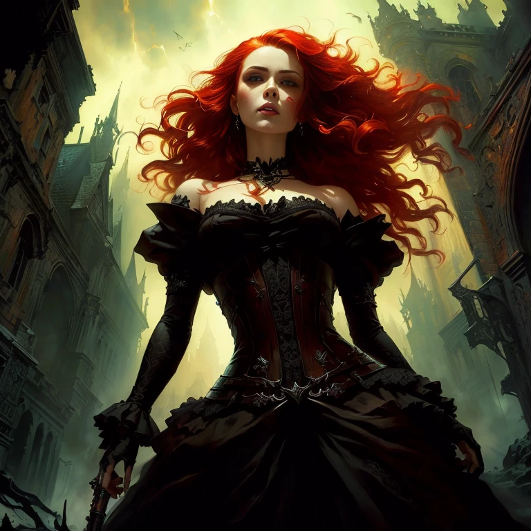 Close-up of a woman with red hair in a dress, gothic fantasy art, Dark fantasy art, Dark Fantasy Art, in style of Dark Fantasy Art, dark fantasy horror art, Karol Bak Oud, fantasy victorian art, Stylized urban fantasy art, Raymond Swanland's style, fantasy horror art, Dark Fantasy Artwork, Gothic art, Dramatic fantasy art