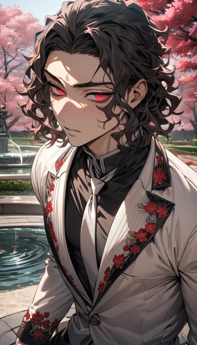 absurdres, highres, ultra detailed, HDR, master piece, best quality, extremely detailed face and eyes, Kibutsuji Muzan, black wavy hair, short hair, expressive red eyes, Kimetsu no yaiba, solo, sexy man, toned chest, handsome, white hat, white jacket, black shirt, white necktie, red flowers, park, red cherry blossom, fountain