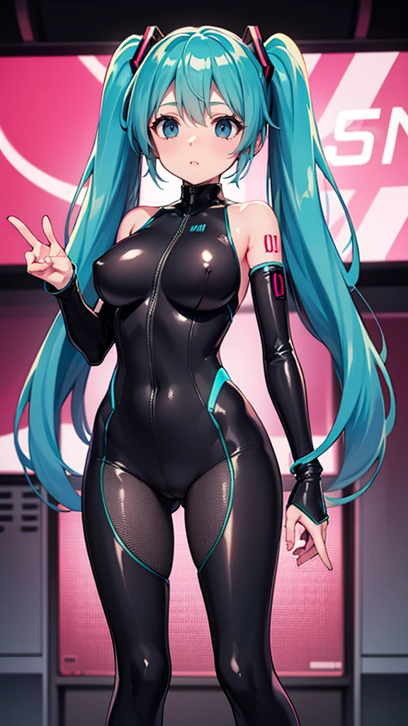 Hatsune Miku Vocaloid, Twin Tails, Light Blue Eyes, Light Blue Hair, Pichi Pichi Bodysuit, Cyber punk, Ultimate Physical Beauty, Beautiful Eyes, embarrassed look , Big Breasts, 8K CG, Top Quality, Best Image Quality,