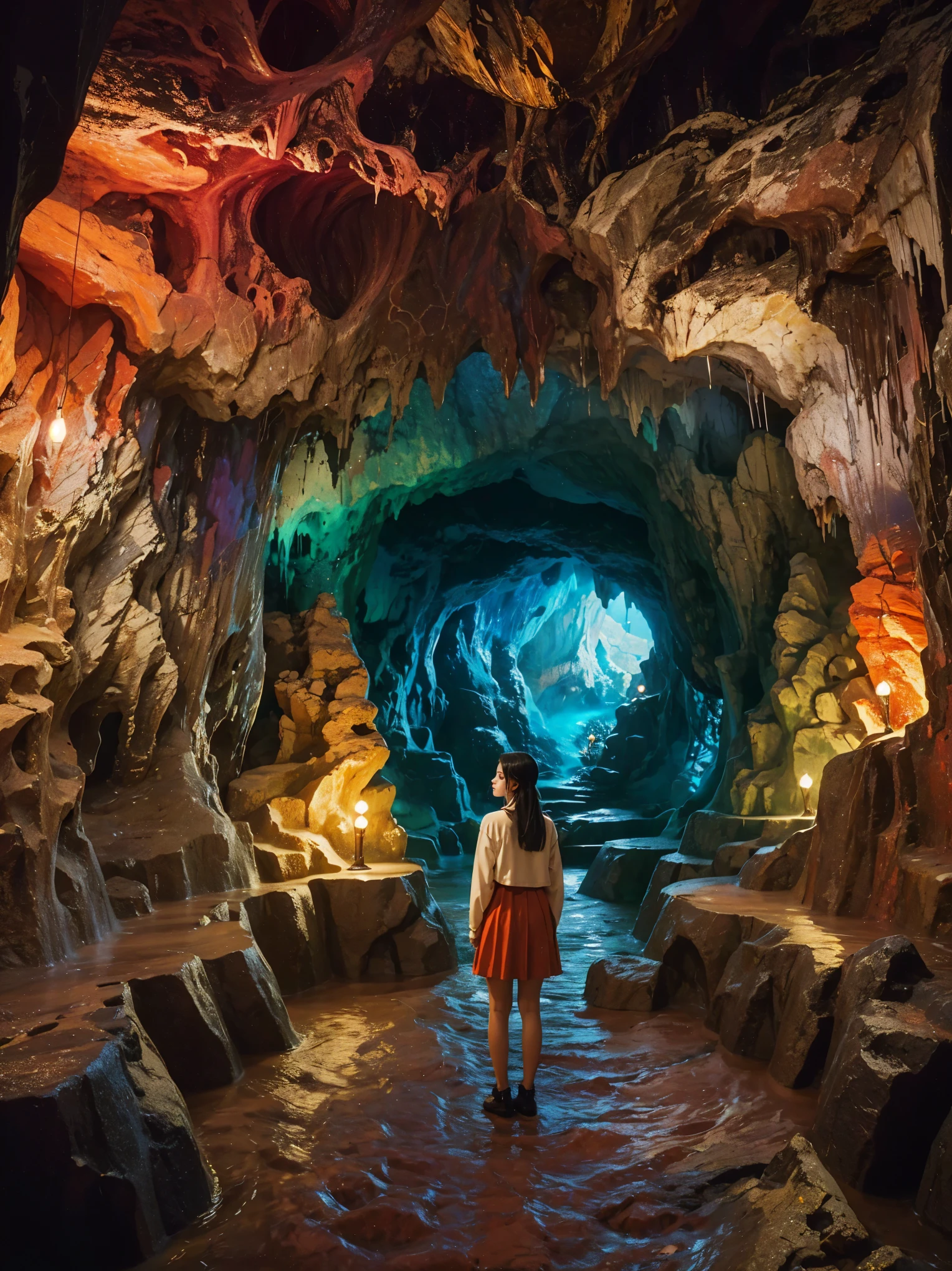 A girl with large eyeballs standing inside a beautifully designed cavern. The cavern is filled with intricate details and has a mesmerizing interior design. The walls are adorned with stunning illustrations and paintings, creating a surreal atmosphere. The lighting is strategically placed to highlight the cavern's unique features and add a sense of mystery. The artworks in the cavern are made using various materials, including oil paintings, 3D renderings, and photography. The overall image quality is of the highest level, with sharp focus and ultra-detailed elements. The colors used in the cavern are vivid and vibrant, creating a visually appealing composition. The girl's eyes are extremely detailed and captivating, serving as the focal point of the scene. She is surrounded by the beauty of the cavern, lost in its enchanting ambiance. The prompt combines elements of fantasy and realism, resulting in a captivating and visually stunning image.xianxia