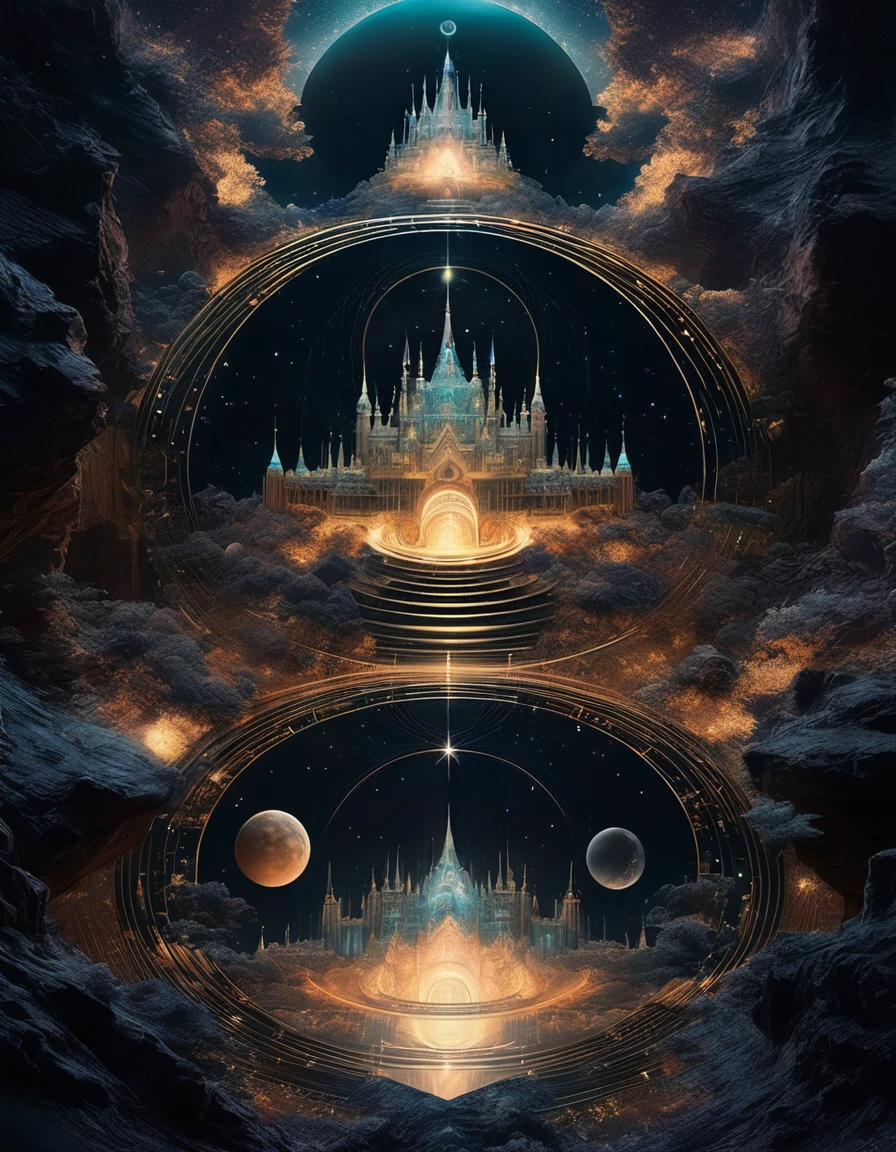 Magic Dream Castle, Sacred geometry, Clear focus, Floating Ghost Mage, Heaven and earth collapsed, Mobius strip, Black Hole, Lots of meteorites floating, Combination Magic Circle, call, The transformation of material and immaterial, Kim Sik, and other complex ritual combinations , Mike Winkelmann style的超现实数字艺术, 罗尔夫·阿姆斯特朗style: Fractal, Alberto Vargas, 和 H'style.R. liver. liver,Magical Realism,classical realism,Surrealism,imagination,Science fiction,from another realm,impossible,visual exaggeration,post cyberpunk,Nano punk,atom punck,gather,Circuit,lightpainting,白羊seat,♈︎,金牛seat,♉︎,双子seat. ♊︎,cancer,♋︎,天蝎seat,♏︎,天秤seat,♎︎,seat,♍︎,狮子seat,♌︎,射手seat,♐︎. 摩羯seat,♑︎,水瓶seat,♒︎,双鱼seat,♓︎,Unreal Engine,Octane Rendering,V-Ray,High Detail,high quality,high resolution,Surrealism,16K,Ultra wide angle,High Angle Shot,,Bioluminescence,