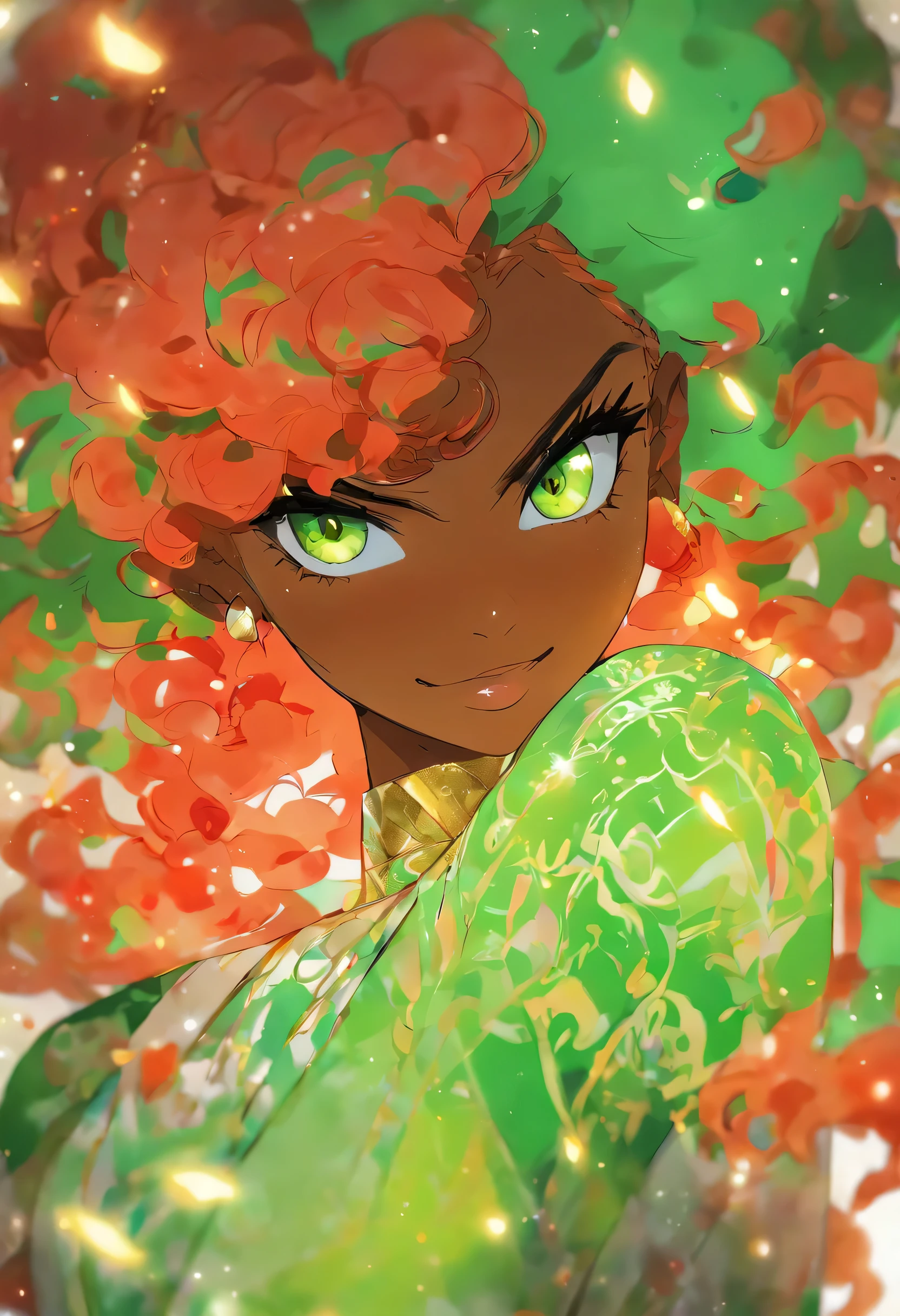 A black woman with red hair and light green eyes, wearing elegant party clothes, with scattered contours and white background, intricate details, low key, watercolor, splash