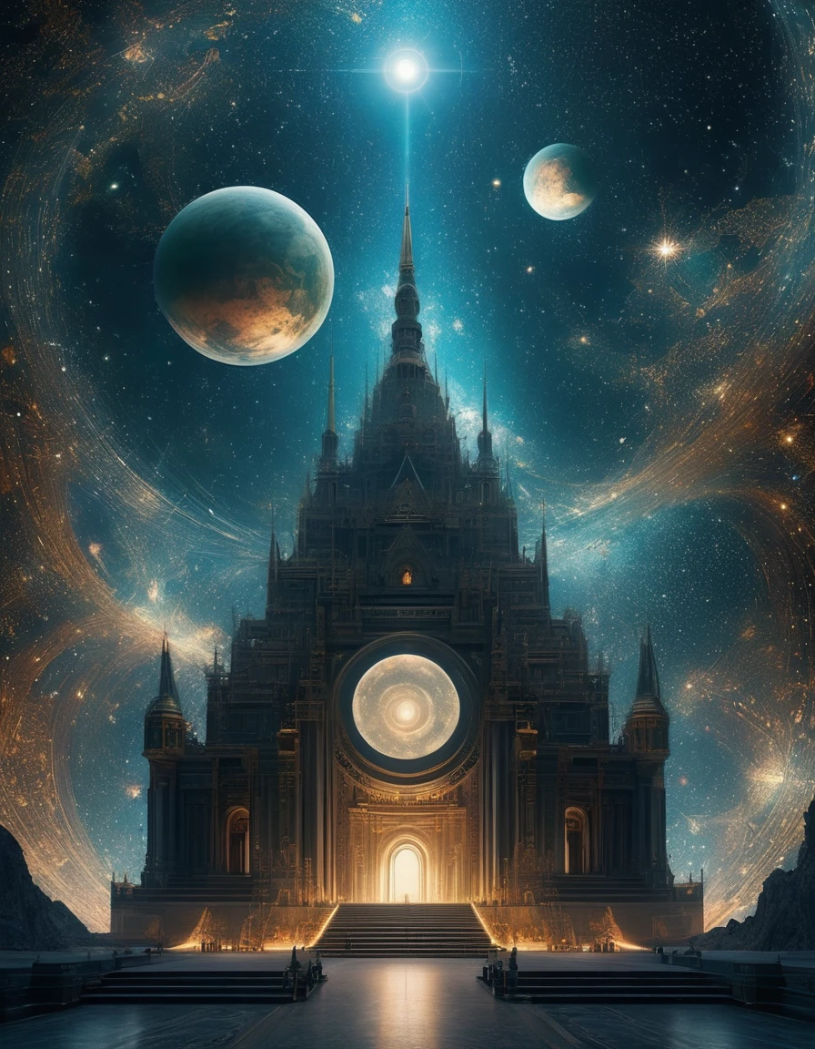 Magic Dream Castle, Sacred geometry, Clear focus, Floating Ghost Mage, Heaven and earth collapsed, Mobius strip, Black Hole, Lots of meteorites floating, Combination Magic Circle, call, The transformation of material and immaterial, Kim Sik, and other complex ritual combinations , Mike Winkelmann style的超现实数字艺术, 罗尔夫·阿姆斯特朗style: Fractal, Alberto Vargas, 和 H&#39;style.R. liver. liver,Magical Realism,classical realism,Surrealism,imagination,Science fiction,from another realm,impossible,visual exaggeration,post cyberpunk,Nano punk,atom punck,gather,Circuit,lightpainting,白羊seat,♈︎,金牛seat,♉︎,双子seat. ♊︎,cancer,♋︎,天蝎seat,♏︎,天秤seat,♎︎,seat,♍︎,狮子seat,♌︎,射手seat,♐︎. 摩羯seat,♑︎,水瓶seat,♒︎,双鱼seat,♓︎,Unreal Engine,Octane Rendering,V-Ray,High Detail,high quality,high resolution,Surrealism,16K,Ultra wide angle,High Angle Shot,,Bioluminescence,