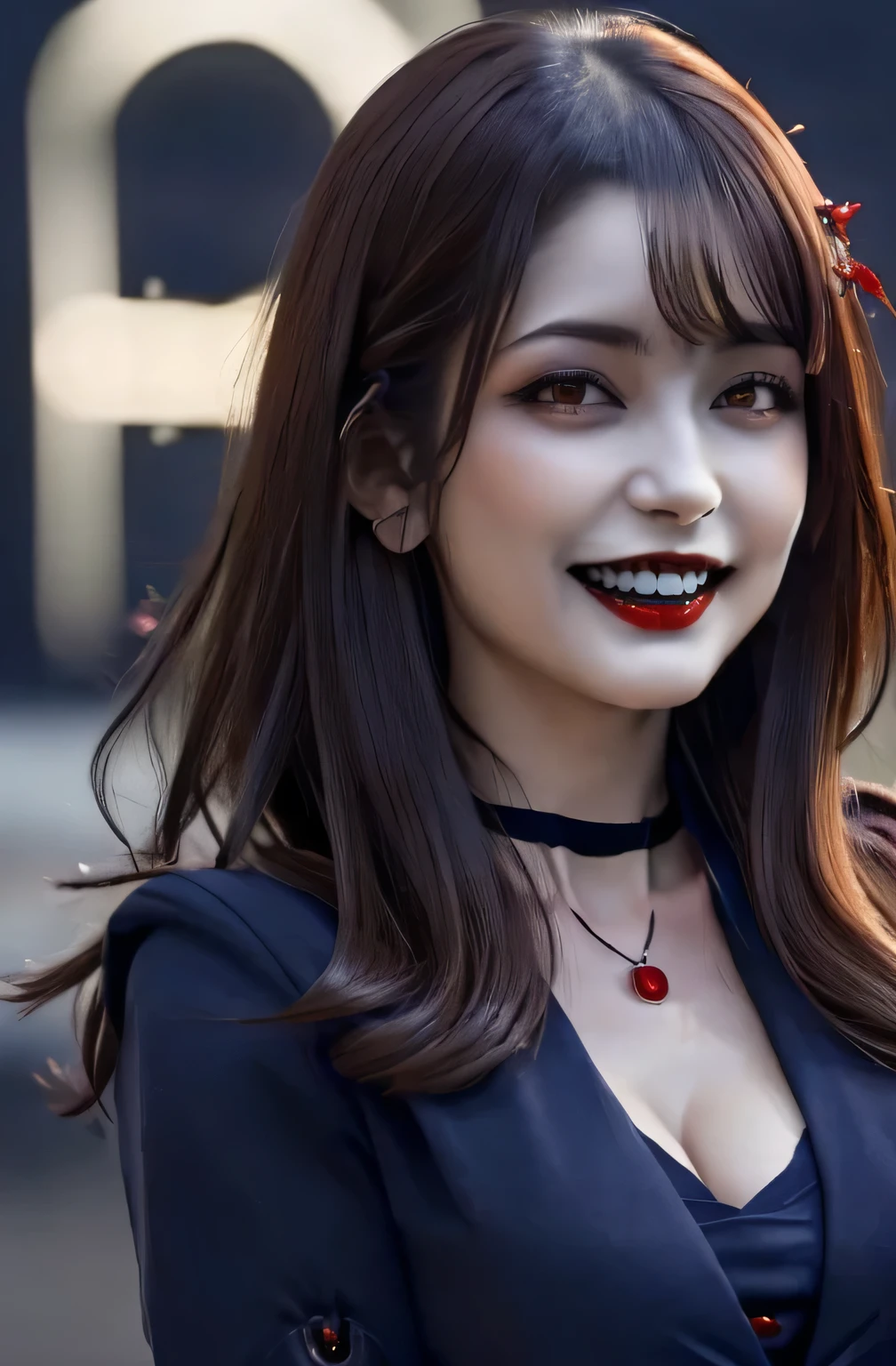masterpiece, 1 mature woman per photo, Cute secretary, Very cute face, Glossy Lips, Double eyelids on both eyes, Natural Makeup, (Brown Hair , Long Bob Hair), Asymmetrical bangs, High resolution, Attention to detail, Detailed hairstyle, Detailed face, Detailed eyes, Octane Rendering, Ultra-realistic, Perfect limbs, Perfect Anatomy, ((Black Choker:1.2)), Red eyes, Big Breasts, ((the body is slim:1.5)), Cool Beauty, Slim face, smile, Fantasy World, ((Straight Long Hair)), Outdoor, Wheat field, Daytime, Big Breasts, break, ((Navy blue business suit:1.4)), document, Book,  High nose, A sadistic smile, Grin, Evil smile, ((Red glowing eyes, Spooky Woman)), Guess face, (Cleavage, Big Breasts)，((vampire, Vampire fangs, vamp fangs、fang:1.6))