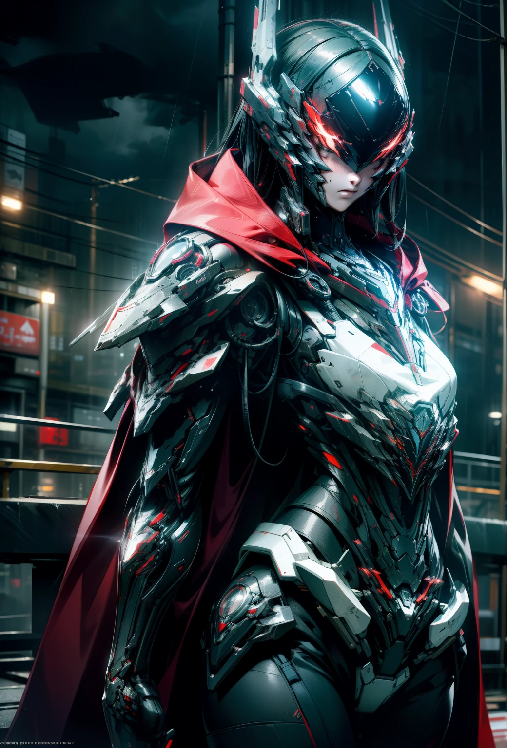 1 Japanese girl, WARFRAME, intricate pattern, heavy metal, energy lines, faceless, glowing eyes, elegant, intense, blood red and black uniform, solo, modern city, streets, dark clouds, thunderstorm, heavy rain, dramatic lighting (masterpiece:1.2), best quality, high resolution, beautifully detailed, extremely detailed, perfect lighting.
Amidst the pouring rain and dark clouds loomed a modern cityscape, where a solitary Japanese girl stood before a breathtakingly intricate WARFRAME. The heavy metal structure shimmered under the dramatic lighting, its energy lines pulsing with an intense glow. The girl's uniform, a perfect blend of blood red and black,