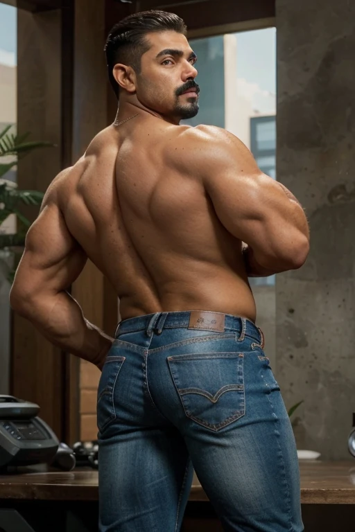 Obra maestra, mejor calidad, ultra detallado, 1 hombre, macho maduro, muscular, pedazo, bara, deportista, rubio, piel bronceada, 28 years old, bigote corto, cabello demasiado cortado, , cuerpo completo, science fiction background, jeans backside 