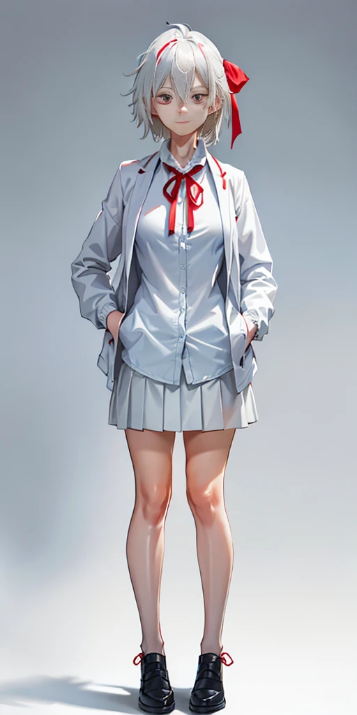 ((casual-style)), 1girl, solo, white hair, shirt, red ribbon, ribbon, looking at viewer, long hair, full body, white eyes, white shirt, grey eyes, hair between eyes, neck ribbon, collared shirt, cardigan, closed mouth, expressionless, jacket, simple background, frills, bangs, white background, long sleeves