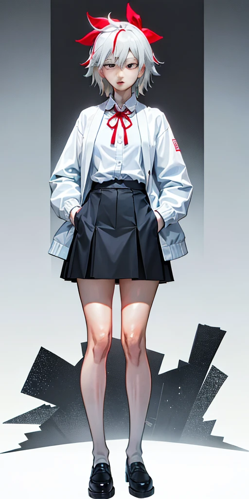 ((casual-style)), 1girl, solo, white hair, shirt, red ribbon, ribbon, looking at viewer, long hair, full body, white eyes, white shirt, grey eyes, hair between eyes, neck ribbon, collared shirt, cardigan, closed mouth, expressionless, jacket, simple background, frills, bangs, white background, long sleeves