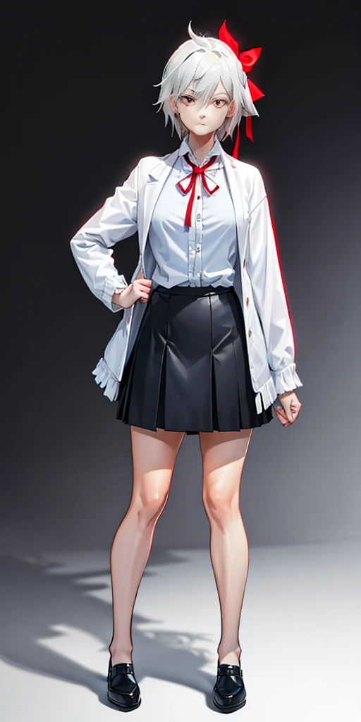 ((casual-style)), 1girl, solo, white hair, shirt, red ribbon, ribbon, looking at viewer, long hair, full body, white eyes, white shirt, grey eyes, hair between eyes, neck ribbon, collared shirt, cardigan, closed mouth, expressionless, jacket, simple background, frills, bangs, white background, long sleeves