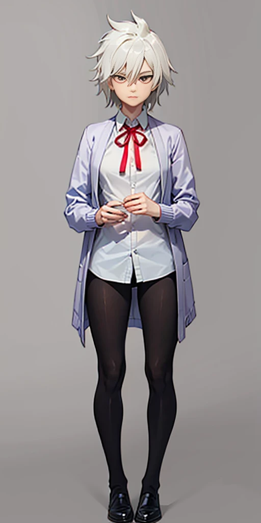 ((casual-style)), 1girl, solo, white hair, shirt, red ribbon, ribbon, looking at viewer, long hair, full body, white eyes, white shirt, grey eyes, hair between eyes, neck ribbon, collared shirt, cardigan, closed mouth, expressionless, jacket, simple background, frills, bangs, white background, long sleeves