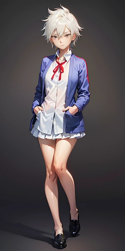 ((casual-style)), 1girl, solo, white hair, shirt, red ribbon, ribbon, looking at viewer, long hair, full body, white eyes, white shirt, grey eyes, hair between eyes, neck ribbon, collared shirt, cardigan, closed mouth, expressionless, jacket, simple background, frills, bangs, white background, long sleeves