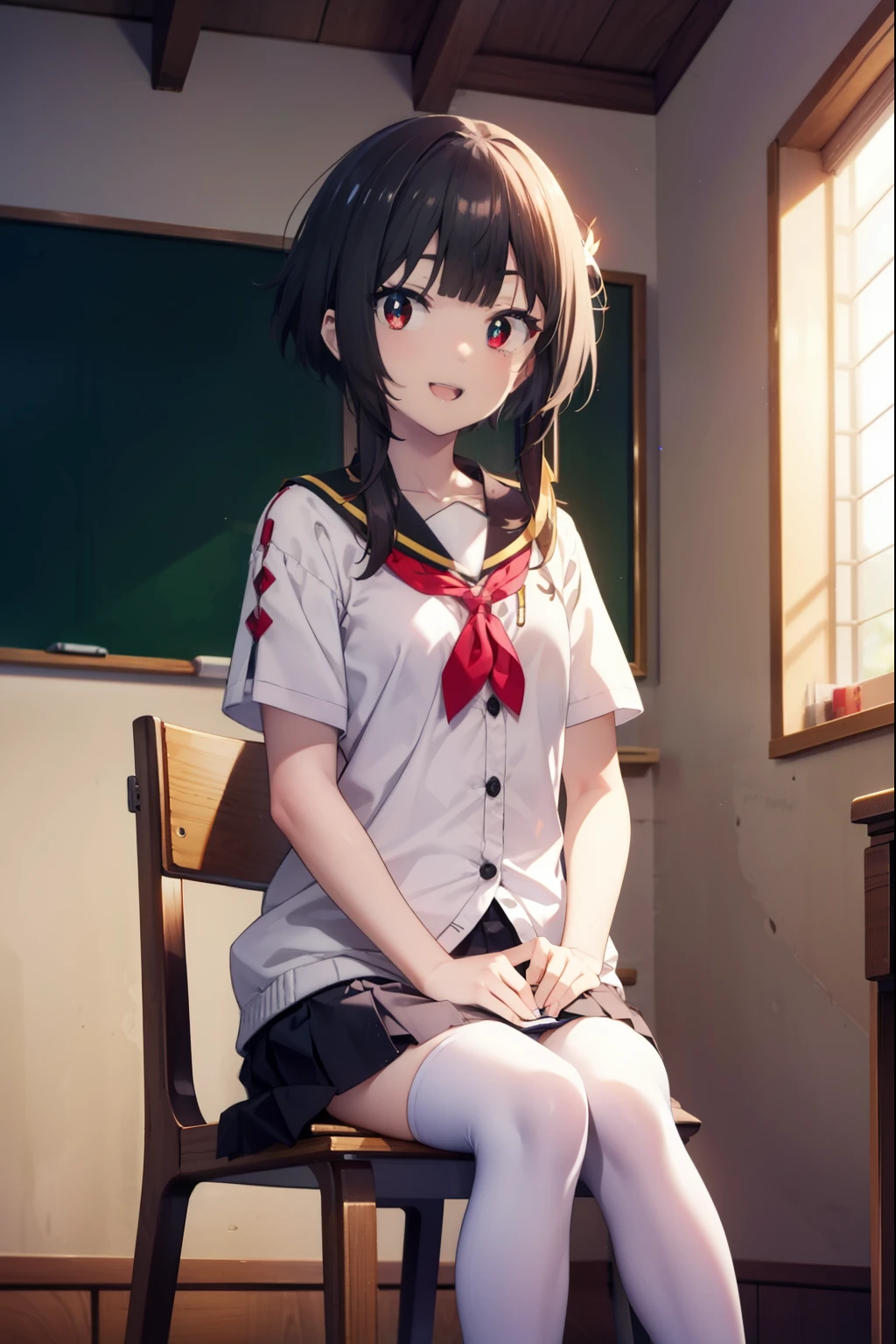 konosubaMegumin, Megumin, short hair, Black Hair, (Red eyes:1.3), short hair with long locks,happy smile, smile, Open your mouth,
White sailor suit,Black cardigan,Short sleeve,White Thailand,Red pleated skirt,White tights,Black Loafers,Sitting in a chair,There is a textbook on the desk,whole bodyがイラストに入るように,
break indoor, School classroom,crowd, people々々,
break looking at viewer, whole body,
break (masterpiece:1.2), highest quality, High resolution, unity 8k wallpaper, (shape:0.8), (Fine and beautiful eyes:1.6), Highly detailed face, Perfect lighting, Highly detailed CG, (Perfect hands, Perfect Anatomy),