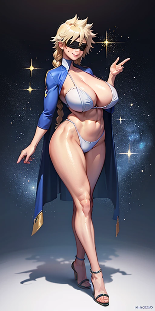 (masterpiece, hiquality: 1.1) 1girl full body standing good face, nice ass, hairstyle: braid, Color Hair: White long hair, Blindfolded: NO EYES, Skin: White (porcelain skin, sparkly skin), muscular, thights, mature woman, abs, looks at the viewer smiling, extremely huge breasts, maternal, chest cover with clothes
