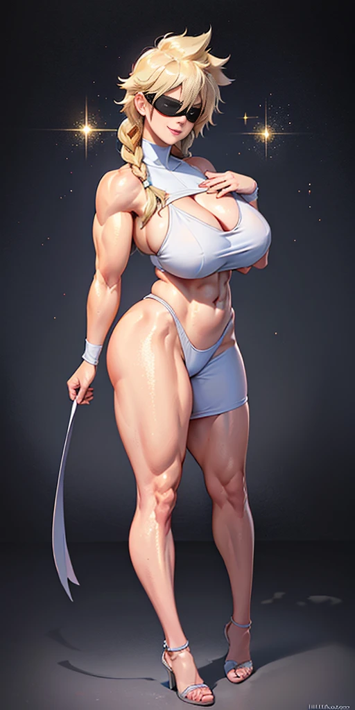 (masterpiece, hiquality: 1.1) 1girl full body standing good face, nice ass, hairstyle: braid, Color Hair: White long hair, Blindfolded: NO EYES, Skin: White (porcelain skin, sparkly skin), muscular, thights, mature woman, abs, looks at the viewer smiling, extremely huge breasts, maternal, chest cover with clothes