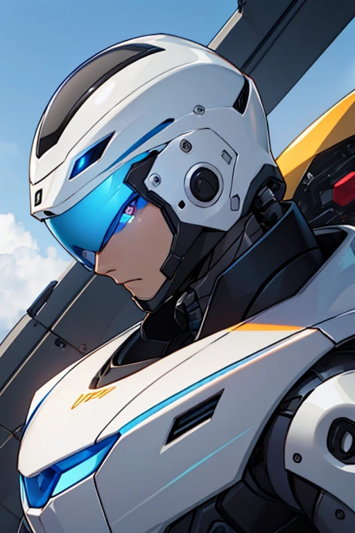 Hombre, robot, cabello blanco, gorra blanca, ojos azules 