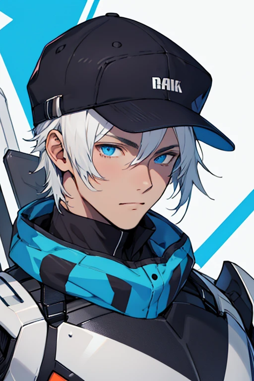 Hombre, robot, cabello blanco, gorra blanca, ojos azules
