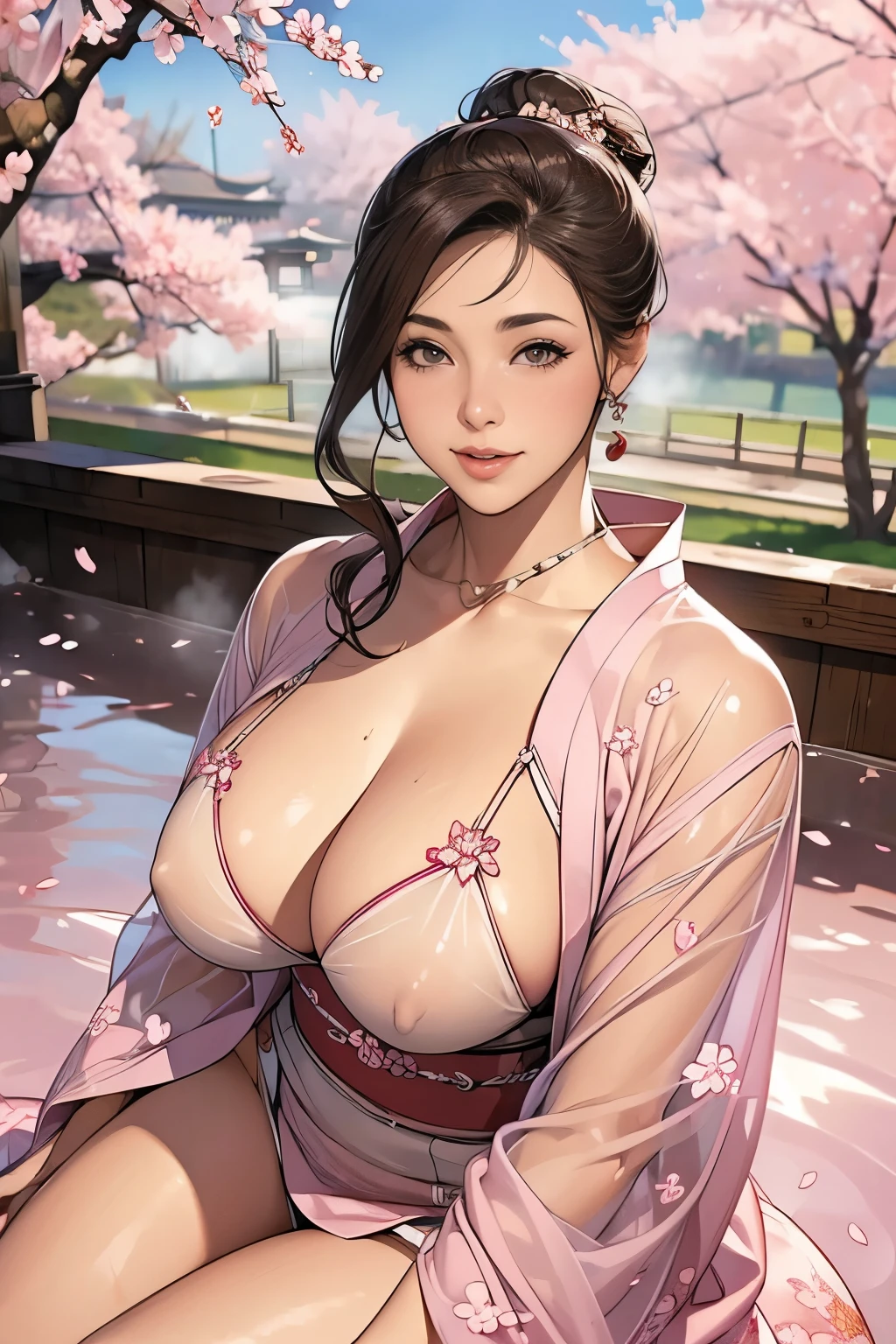 (((50-year-old woman、Wearing a thin, sheer, decorated kimono)))、high resolution、high quality、High resolution、detailed、masterpiece、Mature Woman、Big smile、Light brown hair、Bun hairstyle、Perfect Proportions、Kimono-style costume、Embellished see-through bra and thong、Pink panties、Kimono style garter belt、Revealing clothing、The thighs are exposed、(((The background is a large hot spring bath、cherry blossoms)))cherry blossomsの髪飾り、Earrings