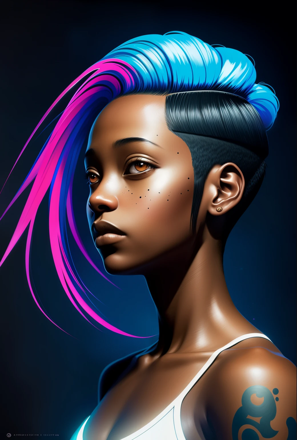 A captivating illustration of a dark-skinned tomboy girl, brought to life by the artistic collaborations of Aoiro Studio and Masaaki Komori. This hyper-detailed portrayal showcases the girl's undercut hair in an edgy, modern twist. Neon lights bathe the scene in cinematic lighting, creating a stunning contrast against the matte painting background. The oil painting style illustrated adds an extra layer of depth and texture, making it a standout piece in the contemporary art scene. With its surrealistic and dreamlike atmosphere, this masterpiece is sure to trend on ArtStation and leave a lasting impression.