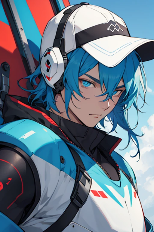 Hombre, robot, cabello blanco, gorra blanca, ojos azules
