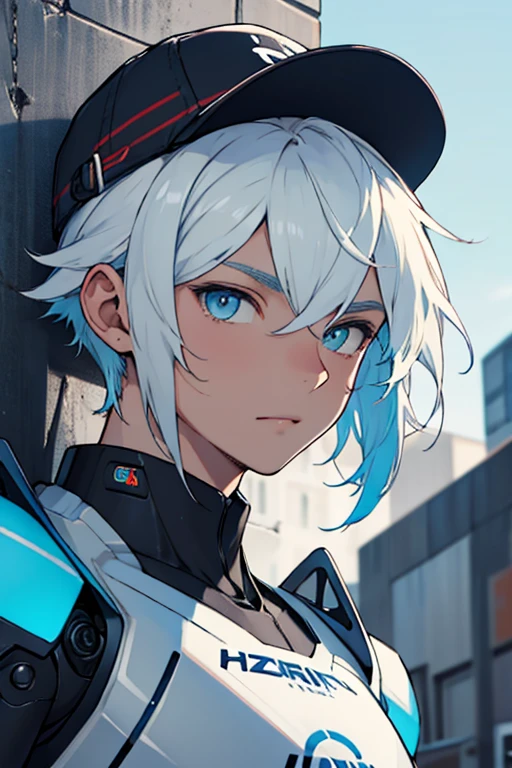 Hombre, robot, cabello blanco, gorra blanca, ojos azules