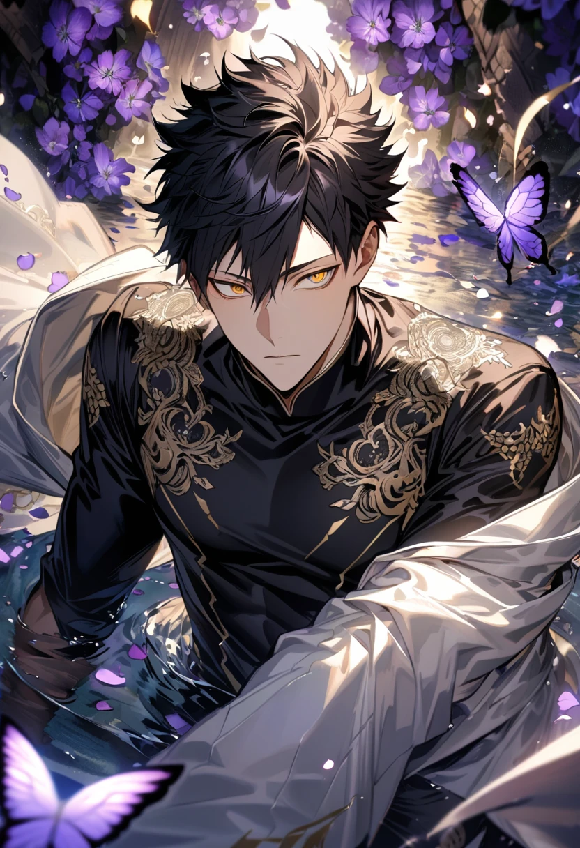 Ultra detailed, Highres, absurdres, HDR, Kuroo Tetsurou, black hair, hair between the eyes, expressive golden eyes, white long coat with patterns, Haikyuu, purple flowers, petals, handsome, sexy man, toned chest, solo, very detailed eyes and face, black gloves, water, purple butterflies, black tight t-shirt,