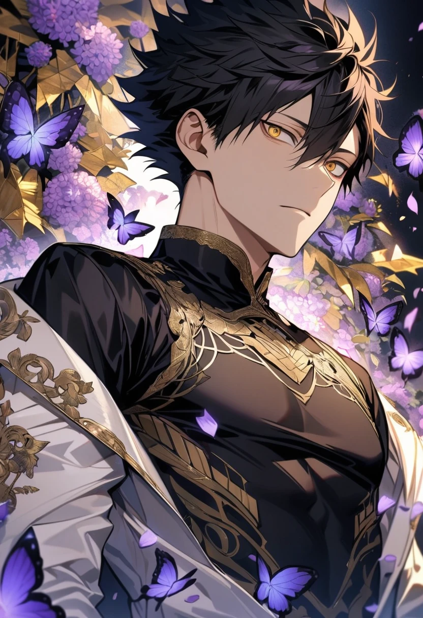 Ultra detailed, Highres, absurdres, HDR, Kuroo Tetsurou, black hair, hair between the eyes, expressive golden eyes, white long coat with patterns, Haikyuu, purple flowers, petals, handsome, y man, toned chest, solo, very detailed eyes and face, black gloves, water, purple butlies, black tight t-shirt,