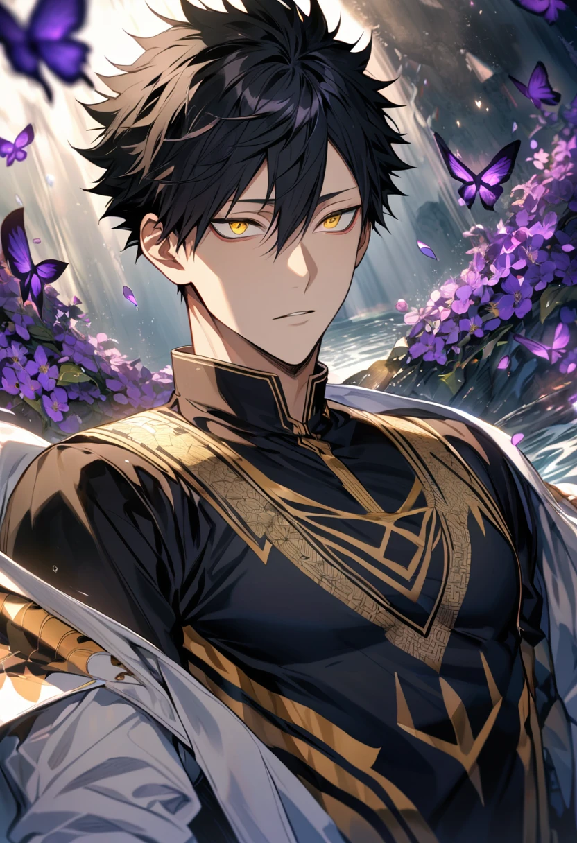Ultra detailed, Highres, absurdres, HDR, Kuroo Tetsurou, black hair, hair between the eyes, expressive golden eyes, white long coat with patterns, Haikyuu, purple flowers, petals, handsome, sexy man, toned chest, solo, very detailed eyes and face, black gloves, water, purple butterflies, black tight t-shirt,