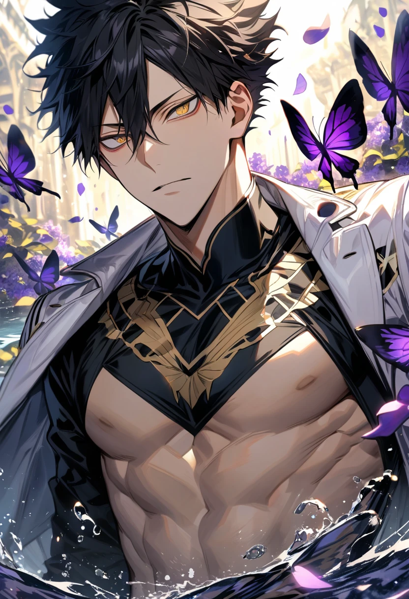 Ultra detailed, Highres, absurdres, HDR, Kuroo Tetsurou, black hair, hair between the eyes, expressive golden eyes, white long coat with patterns, Haikyuu, purple flowers, petals, handsome, sexy man, toned chest, solo, very detailed eyes and face, black gloves, water, purple butterflies, black tight t-shirt,