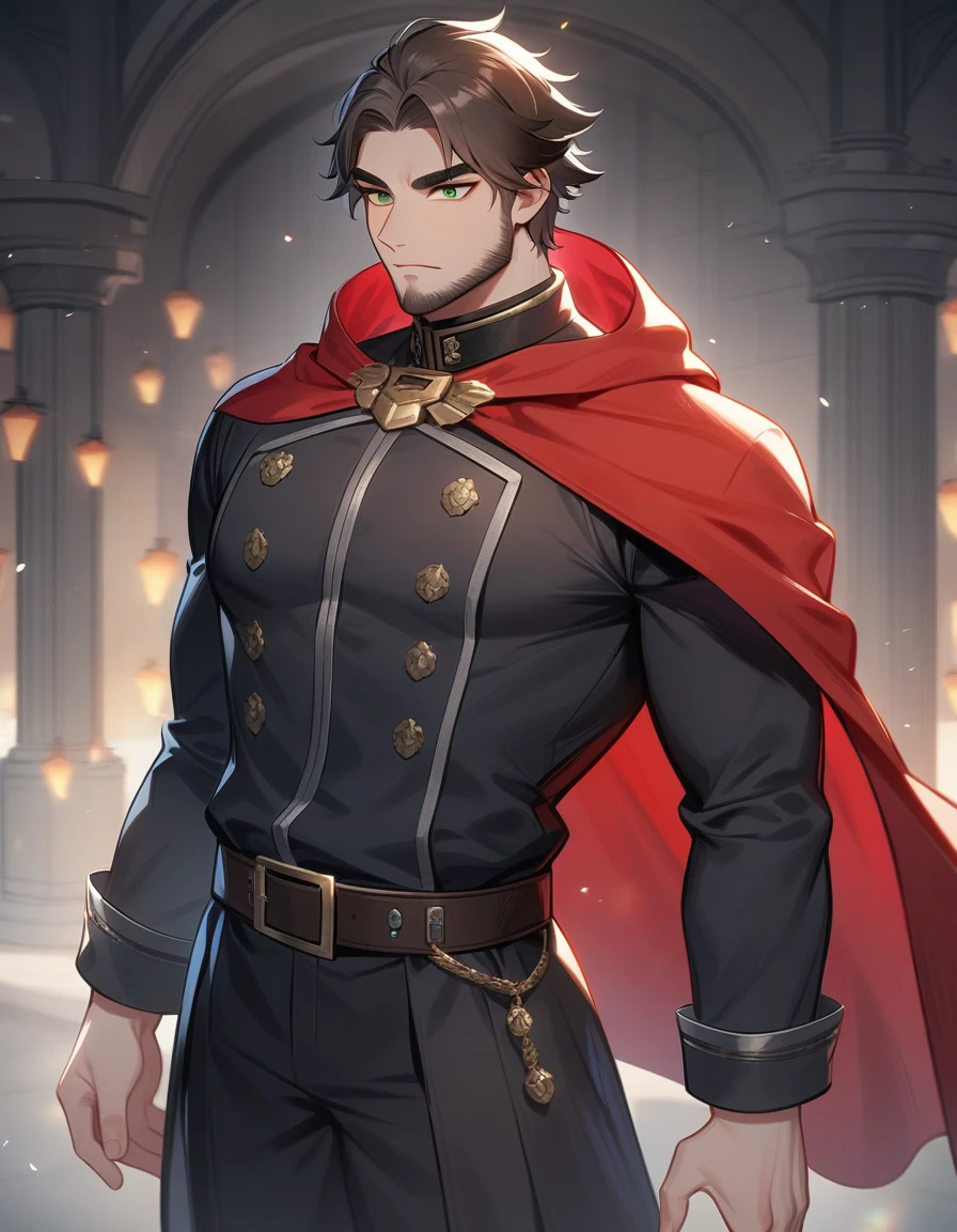 1man, derpixon, fandeltales, parted bangs, (short gray hair, silver colored tips two-tone hair, multicolored dark brown hair), solo, thick eyebrow, masculine handsome kight, beard, green eyes, black pupils, lens eye, red cloak, dark-blue military uniform, standing, in cartoon style, masterpiece, best quality