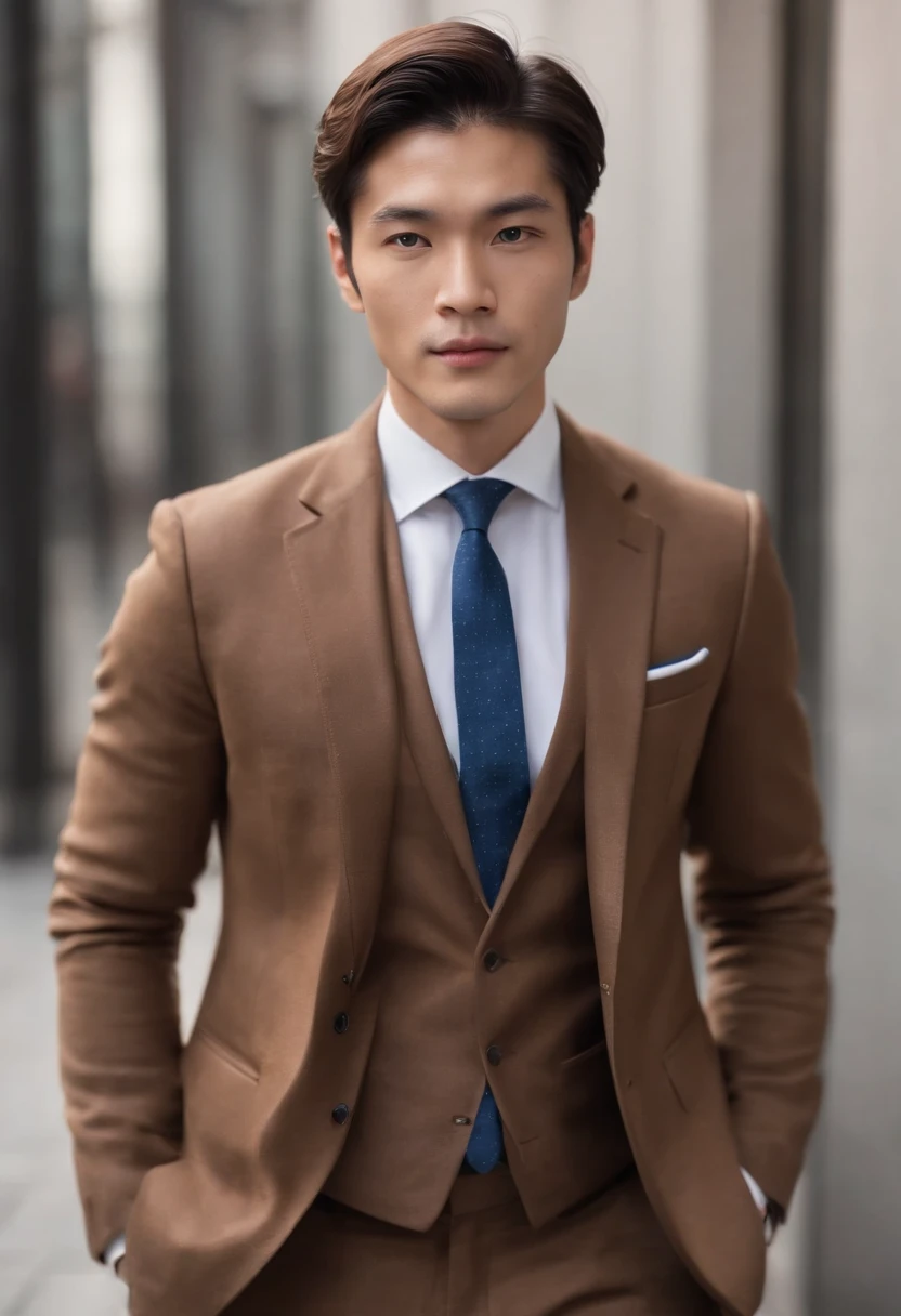 Portrait of a 30-year-old Japan man dressed in elegant and luxurious business style. Dressed in a brown Gucci tailored suit, White dress shirt, Blue Silk Tie, and black leather brogues. The appearance is elegant and sophisticated. Elegant business hairstyles for winter. good, Strong hold and smooth look, Gives a mature and confident appearance., Dark Background.