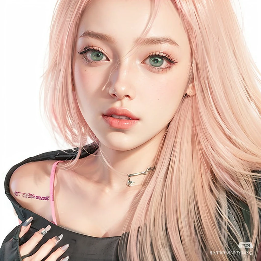 young woman, short shoulder-length pink hair, wide forehead, porcelain skin, pink eyebrows, big emerald green eyes, buttoned nose, full lips, heart-shaped face, slender body, small breasts, red tank top, Sakura Haruno , realistic, realism, details, 3d, well detailed