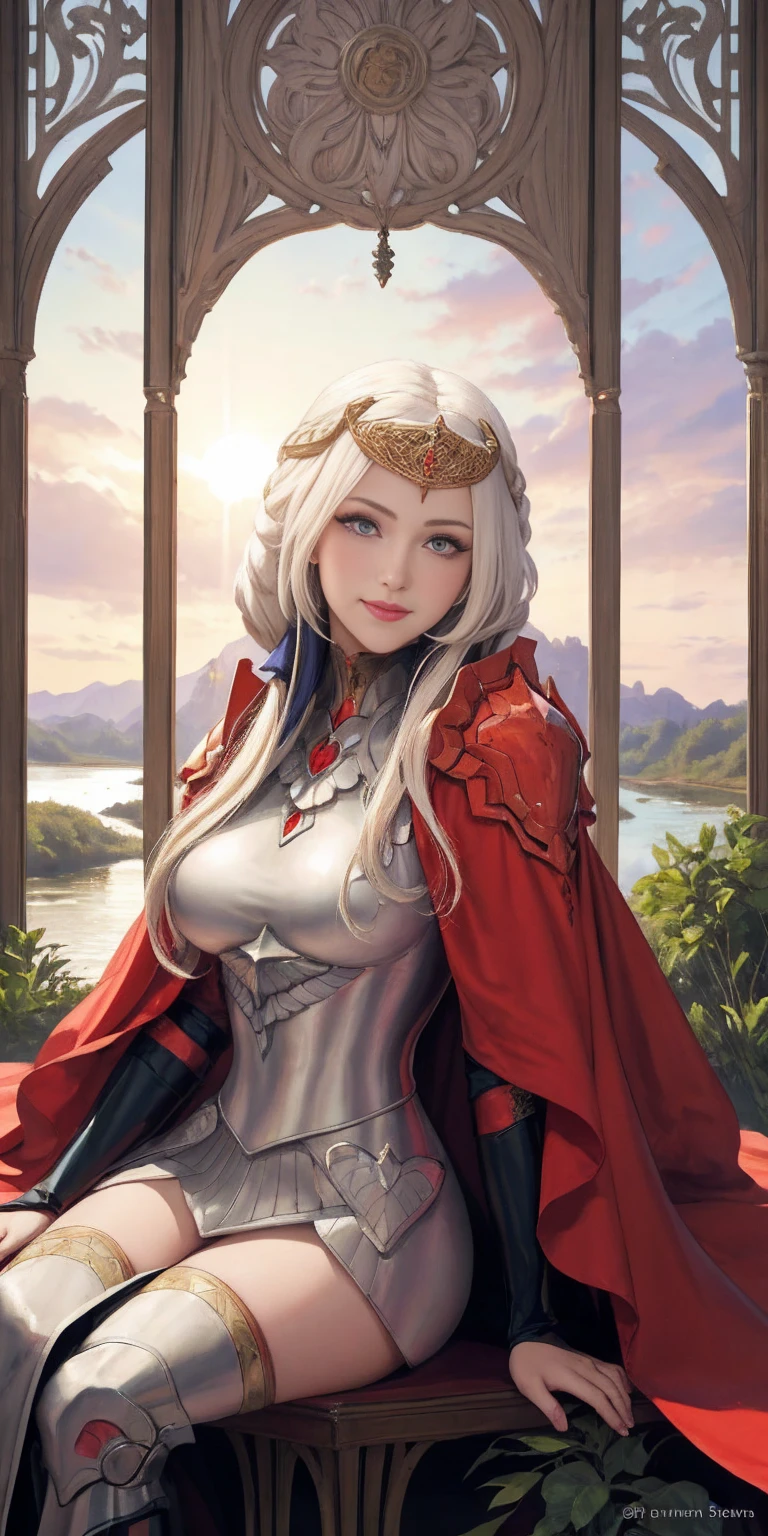 (masterpiece, best quality), 1girl, solo, (the empress:1.15), platinum blonde, long hair, (red cape), Curtain, armored dress, queen dress, aurora, (sunshine, sky, river, forest), expressionless, red eyes, very long hair, (art nouveau:1.2), alphonse mucha, tiara, (face focus, upper body), sit, (red throne:1.12), tiara, crossing legs, highly intricate details, realistic light, smile