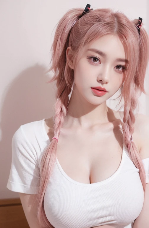 21yo girl, pink hair, (twintail Hair). Bitting her lower lip while closing her eye,Wearing white oversize t-shirt,, show shoulders, cleavage, show big thigh, natural big brseast,hands holding breasts,plumpy body, doggy pose
