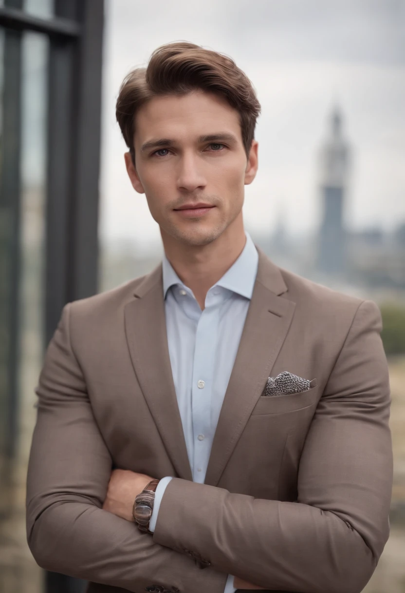 Wearing a Hugo Boss business suit、Attractive 30 year old athlete with short brown hair, Full Body Shot