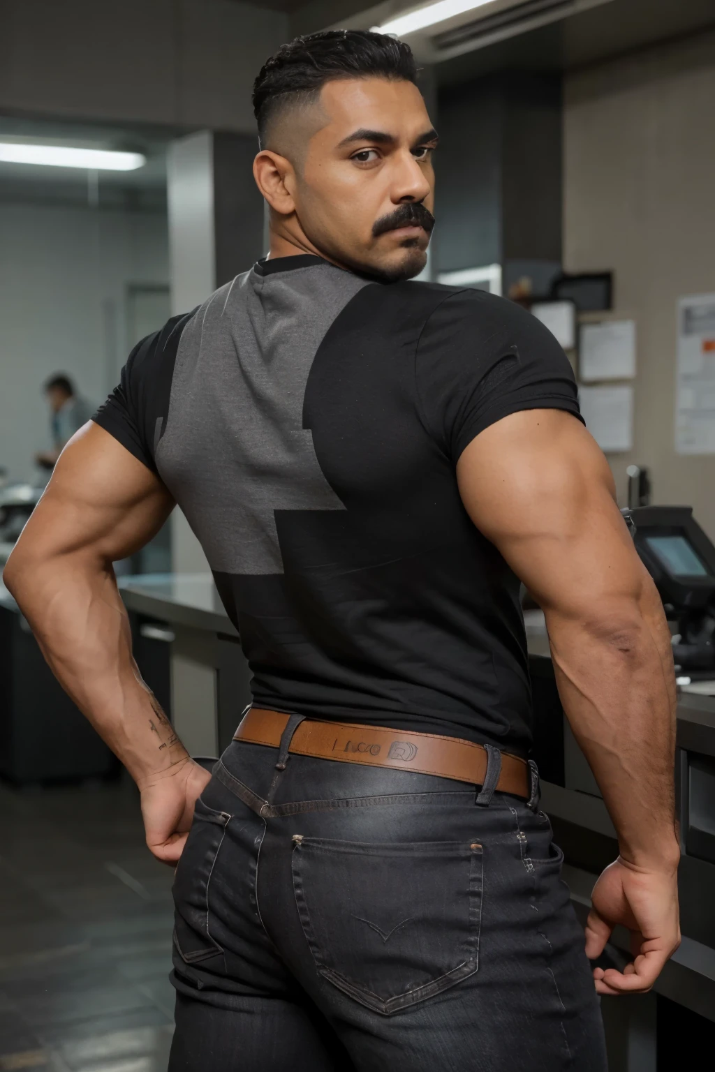 Obra maestra, mejor calidad, ultra detallado, 1 hombre, macho maduro, muscular, pedazo, bara, deportista, carne de res, negro skin, negro, piel bronceada, latino, 38 years old, negro hair, gray fur, bigote corto, cabello demasiado cortado, mirando al espectador, serious expression, camiseta gris, Tiro de medio cuerpo, science fiction background, jeans backside 