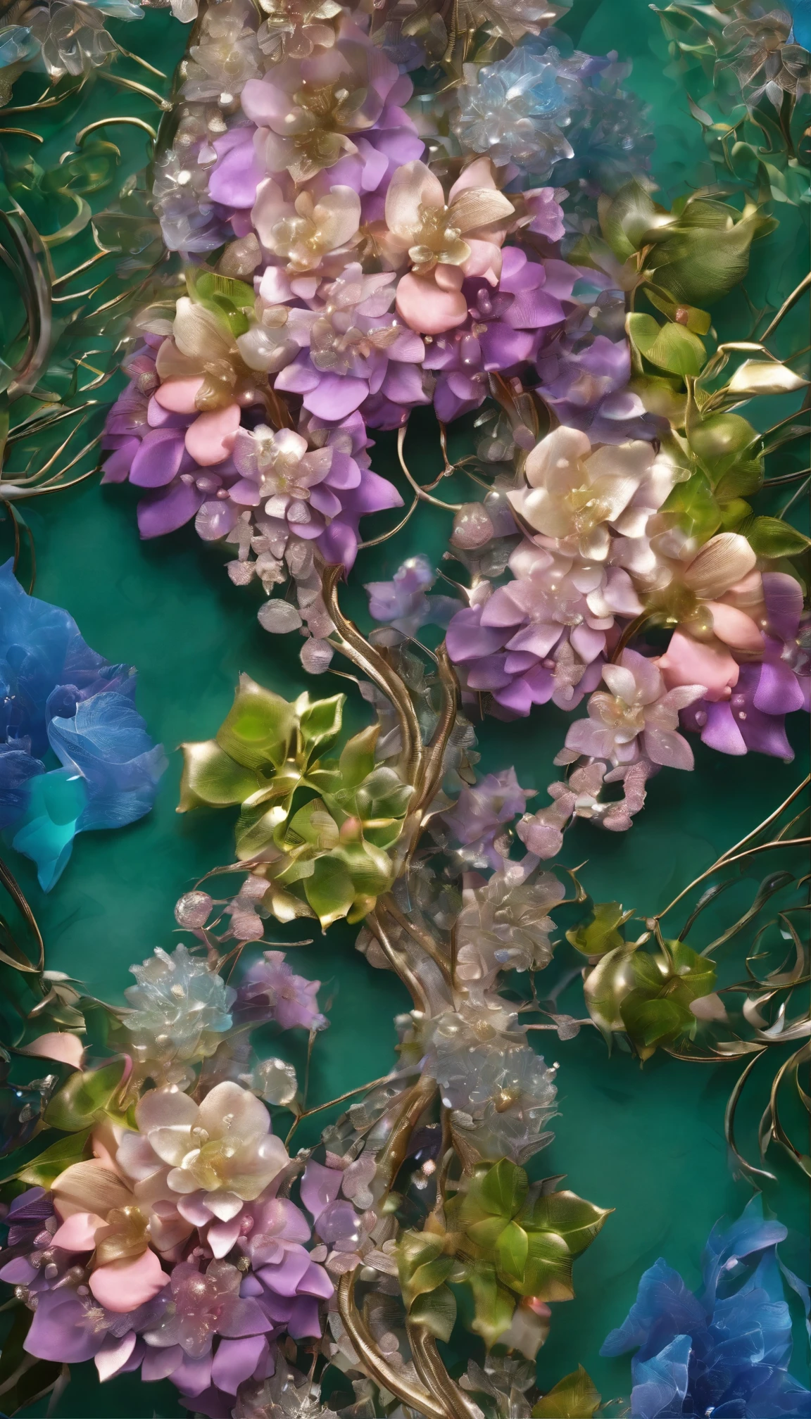 The background is greenblue,All expressed with jewels, the arrival of spring, various beautiful wisteria flowers
, angles looking up from below, various jewels falling from the sky, wonderful and beautiful superb view, slightly hazy, fantastic, high resolution, 8K, (best quality, highres, realistic:1.37), shiny metallic flowers, intricate and delicate petals, reflective surfaces, vibrant colors, intricate details, close-up view, surreal garden, surreal beauty, dreamy atmosphere, fine art, abstract botanicals, metallic sculpture, contrasting textures, ethereal glow
