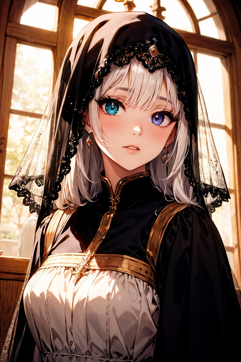 sakimichan style, Urop Style, Portraiture, Detailed painted face, Beautiful woman, Fuller lips, Opaque Veil, Medieval Veil, Head rail, 12th century, Eyes with heterochromia, Rainbow Eyes, Medieval costume, Brot, Lord of the Rings Gown, Near perfect, Beautiful anime style, Character Panorama, Beautiful and detailed face, Shining Shadow, Beautiful gradation, Depth of written boundary, Beautiful graphics, high quality, Attention to detail, High resolution, Luminous Studio graphics engine