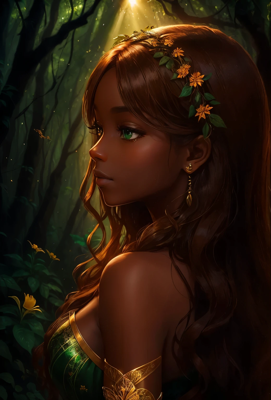 In the heart of a magical forest, where the sun casts long, golden rays through the dense canopy, a detailed, beautiful young woman with dark skin stands tall and radiant. Her reddish golden brown hair, long, wavy, and messy, blends seamlessly with the wild flowers that twine around her. Her delicate, symmetric, realistic, and beautiful face is a work of art, with detailed, perfect green eyes that sparkle with an otherworldly allure.
Dressed in a ranger outfit, leather-armored and prepared for the unknown, she exudes an air of absurdres, her fine details captured in intricately rich colors. The forest around her comes alive with the