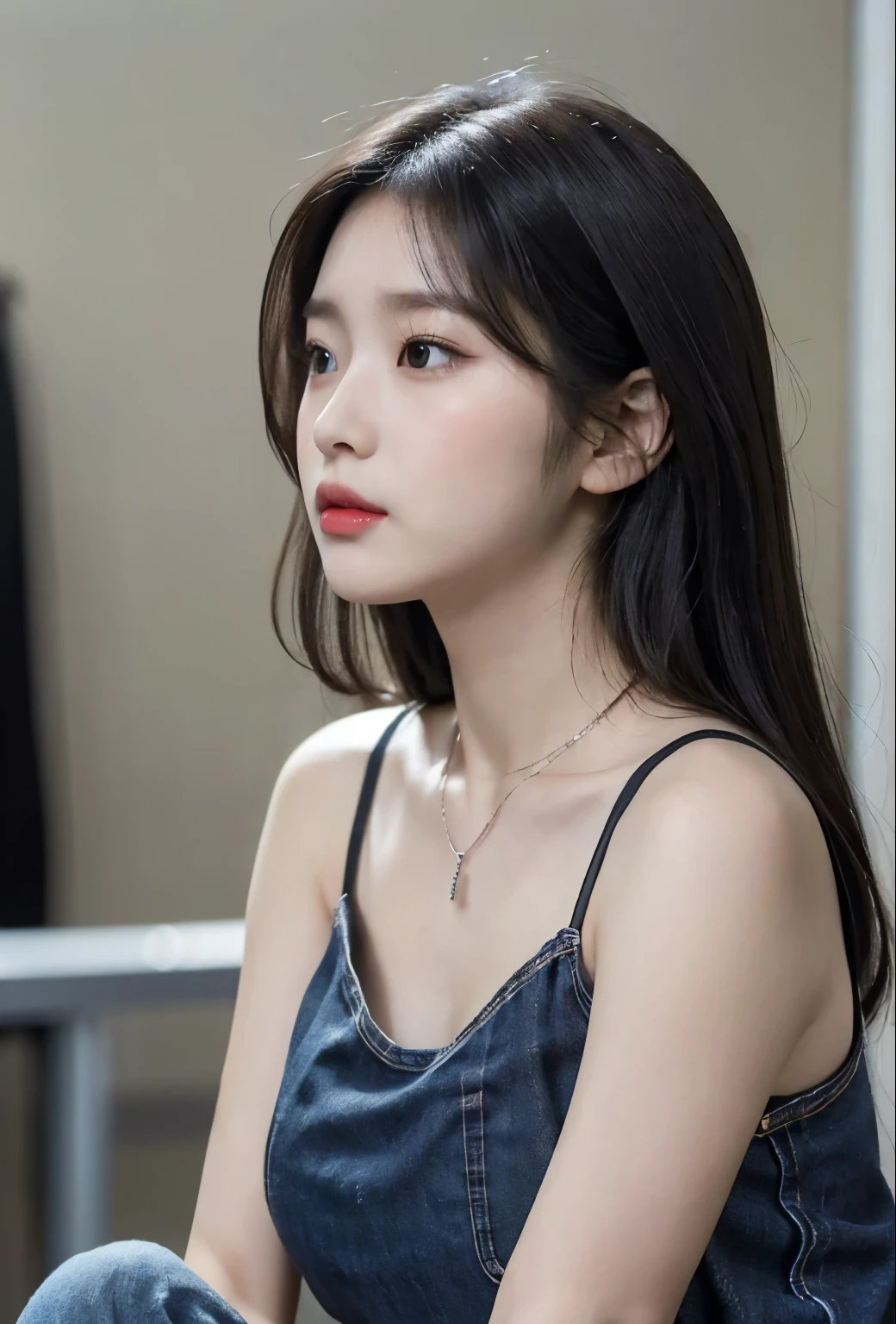 arafed Asian woman with a necklace and a gray tank top: 1.5, Sultry expression, ((From the side:1.3)), Long, lustrous black hair:1.5, ((Detailed face:1.2)), Bootleg jeans:1.5, Peep-toe heels:1.4, (Best quality:1.1), Portrait-style, Captivating, (Dynamic lighting:1.3), (Subtle makeup:1.2)
Beautiful young Korean woman: 1.7, Radiant complexion:1.3, Fresh and innocent:1.2, Long, glossy black hair:1.4, (