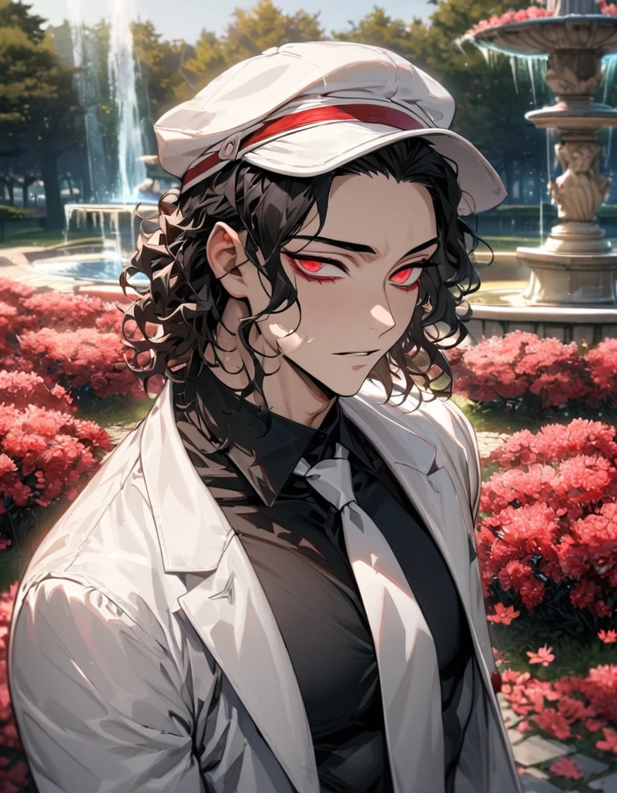 absurdres, highres, ultra detailed, HDR, master piece, best quality, extremely detailed face and eyes, Muzan, black wavy hair, expressive red eyes, Kimetsu no yaiba, solo, sexy man, toned chest, handsome, white hat, white jacket, black tight shirt, red flowers, park, red cherry blossom, fountain